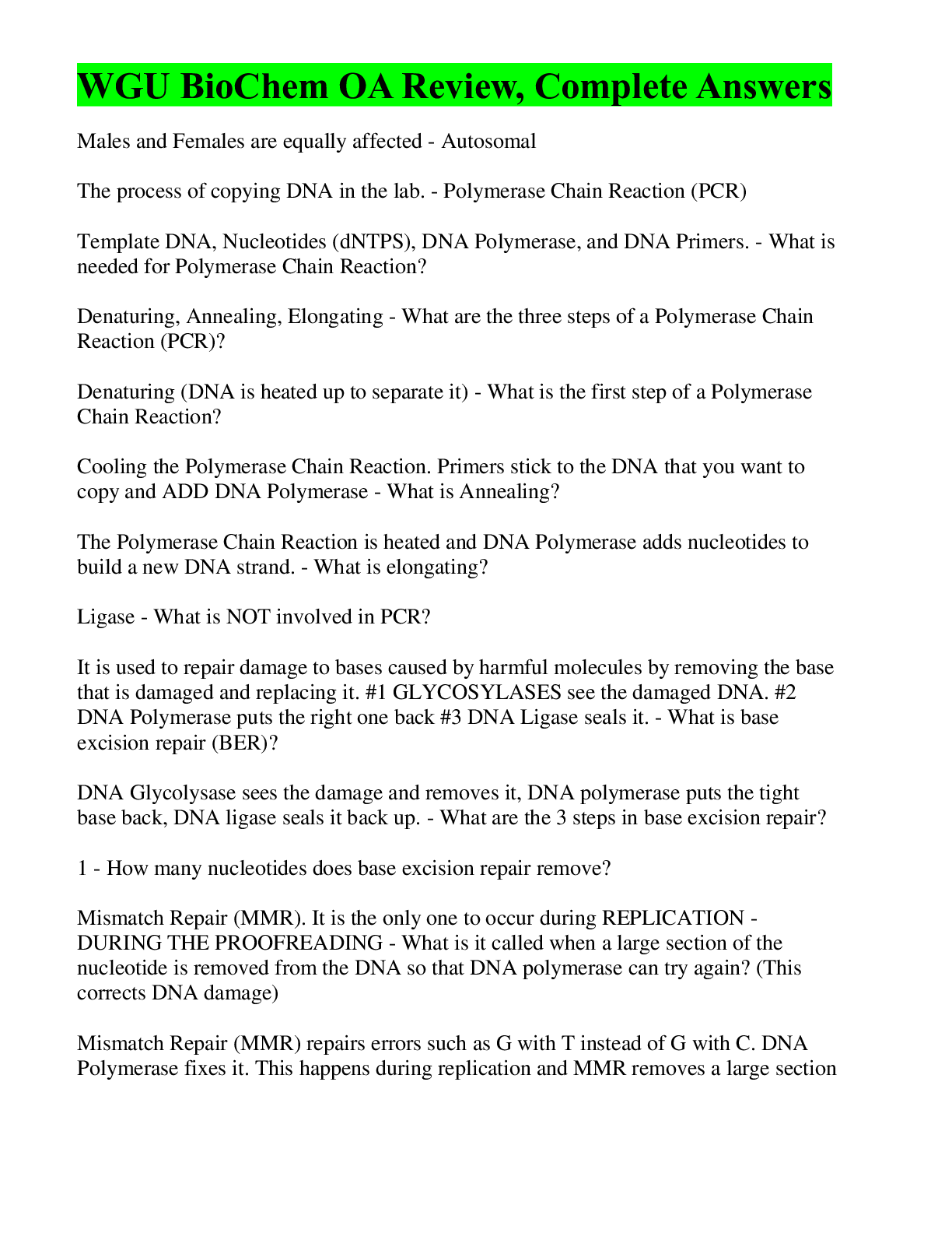 Preview image for WGU BioChem OA Review, Complete Answers